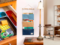 1) A drawer with organizers for pens and pencils. 2) A wall hanging organizer. 3) A wooden desk and bookshelf.