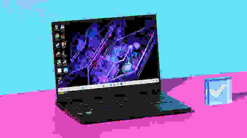 The Acer Predator Helios Neo 14 laptop on a blue background