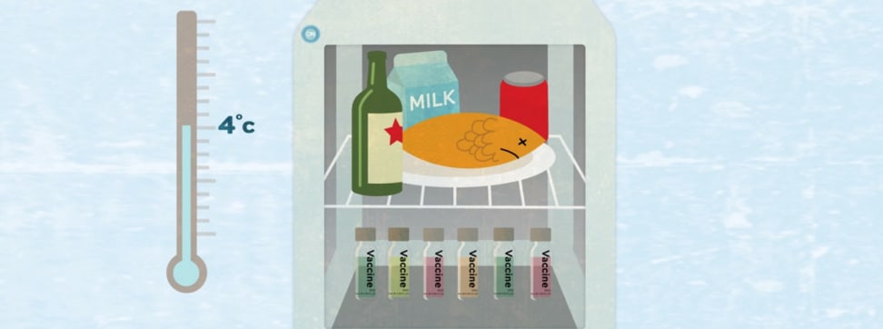 An illustrated fridge interior with vaccines in it.