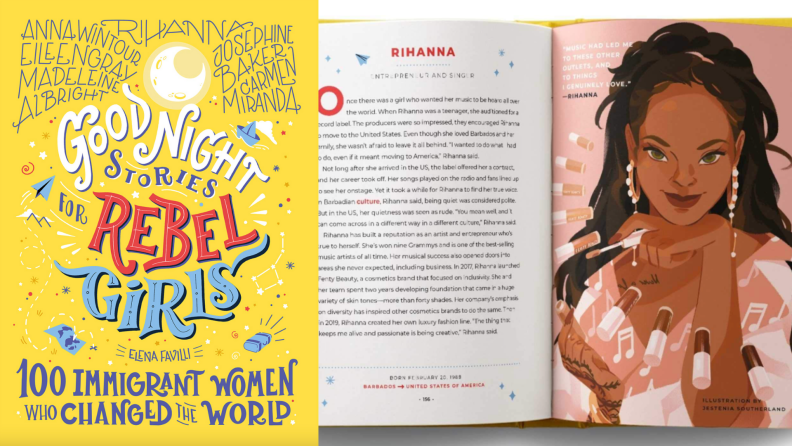 Yellow book cover with writing on front. On right, cartoon drawing of singer Rihanna.