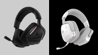 Side-by-side image of the new Corsair headset in black and white color options, showcasing its sleek design and built-in microphone.