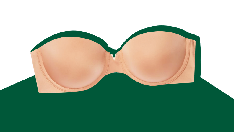 Victoria's Secret Uplift Strapless Bra over a green and white illustration.