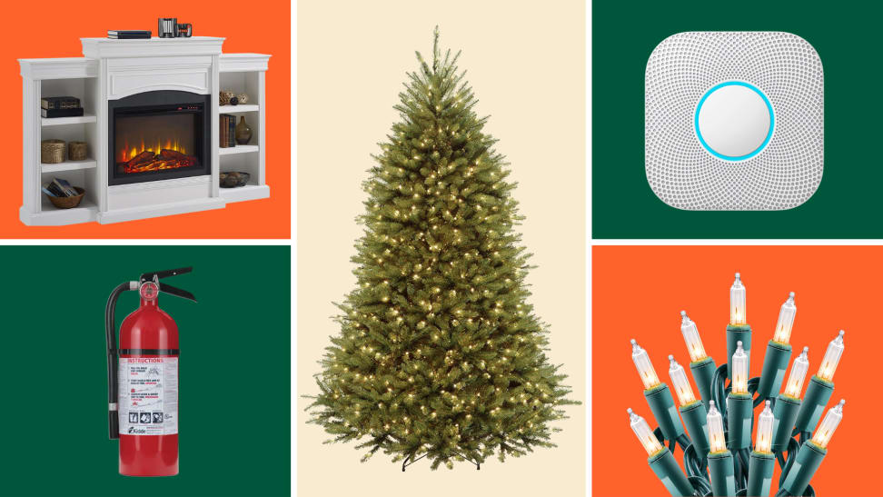 A fireplace, fire extinguisher, christmas tree, smoke detector and christmas lights against a green and orange background.