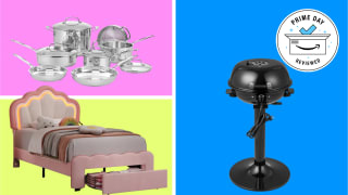 Set of stainless steel cookware, kid's bed, and electric barbecue on a pink, yellow, and blue background