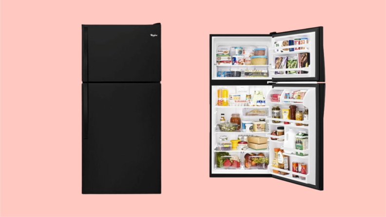 Two shots of a black fridge, open and closed.