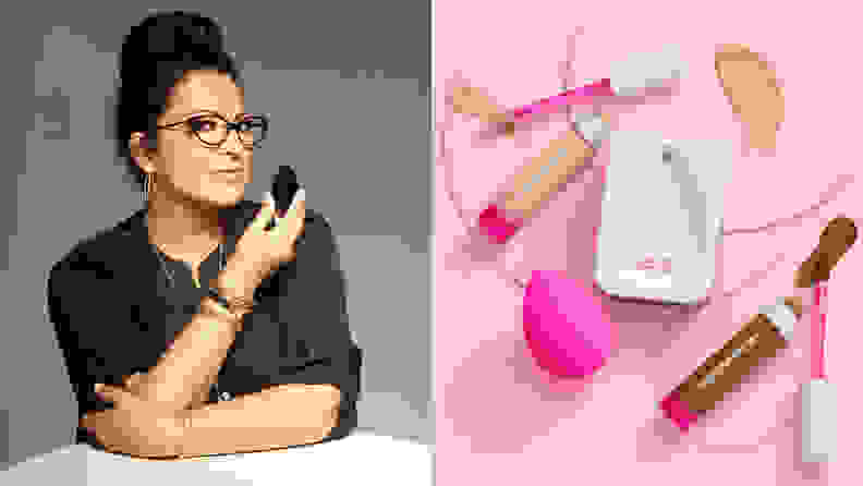 On the left: The founder of Beautyblender sitting and holding a makeup sponge next to her face. On the right: A smattering of Beautyblender products.