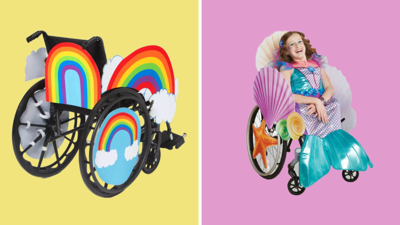 On left, wheelchair decorated in rainbow Halloween decorations. On right, child in wheelchair wearing mermaid costume.