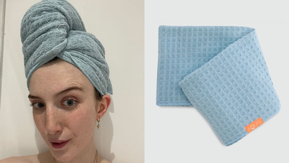 On the left: The author wearing the blue Aquis Waffle Luxe Hair Towel on her wet hair and smiling at the camera. On the right: The waffle-textured hair towel folded on a light gray background.