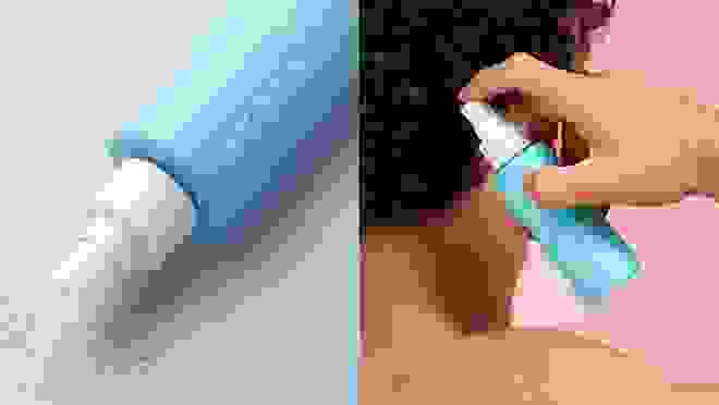 On left, blue spray bottle. On right, person spraying product onto back and shoulders.