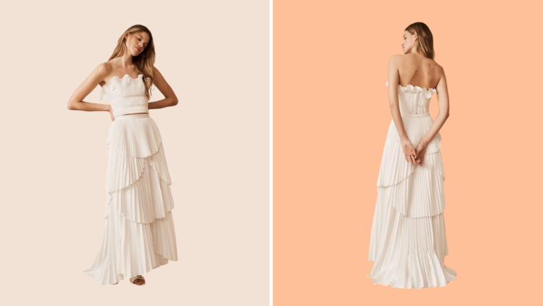 Two images of a model wearing a white wedding gown against a blush background.