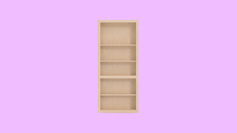 A wooden bookshelf door in front of a background.