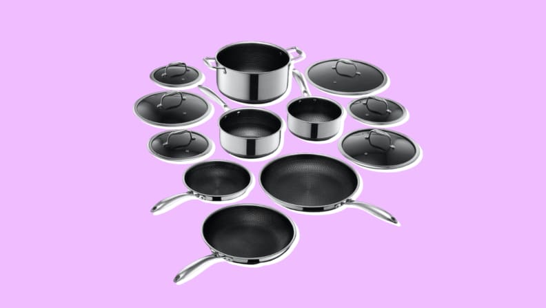 Product image of a HexClad hybrid cookware set with lids