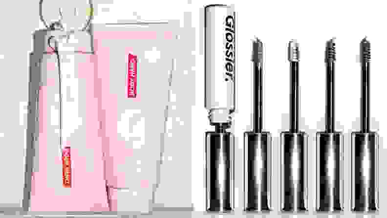 Two images of cosmetics against a white background, Glossier Body Hero and Glossier: Boy Brow.