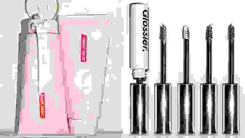 两张化妆品的图像，以白色为背景，Glossier Body Hero和Glossier: Boy Brow。