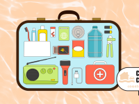 Suitcase filled with emergency essentials like water, medicine, a flashlight