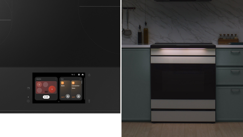 Left: Samsung induction range LCD control screen. Right: Samsung Bespoke AI range in a dim kitchen with mood lighting under range top.