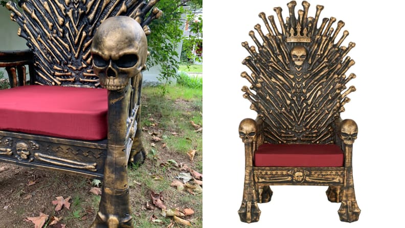 On left, close up on Bone Throne seat cushion and gold leg. On right, gold and plastic Bone Throne.