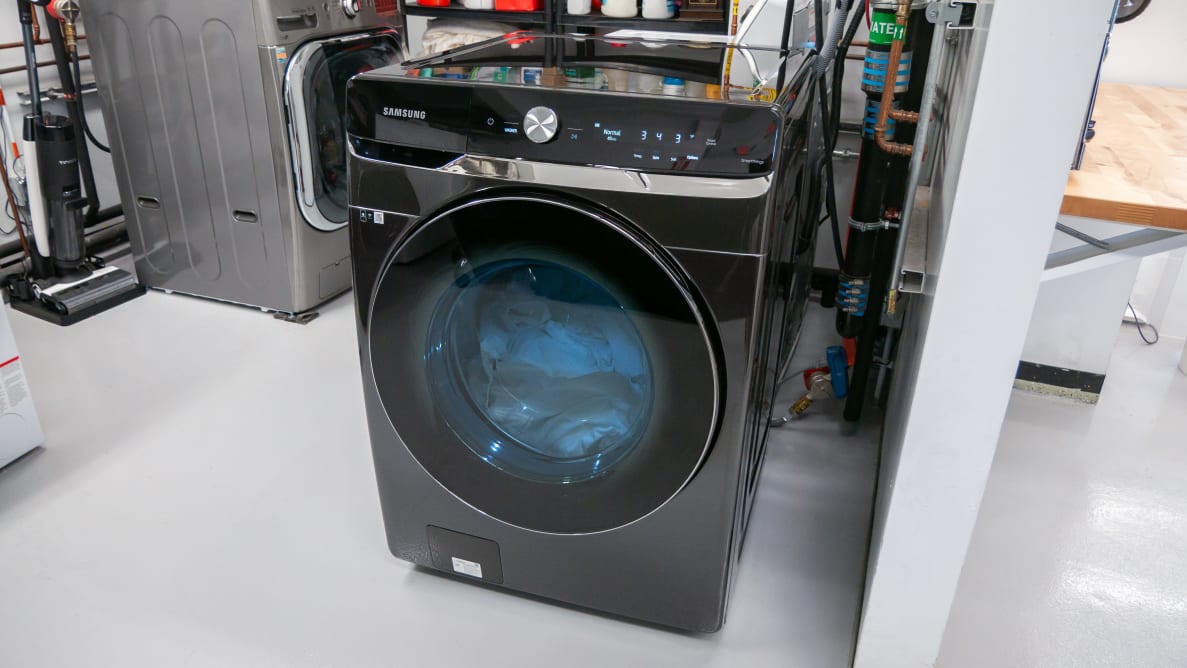 A front-view of the Samsung Smart Dial washing machine in Reviewed’s labs.