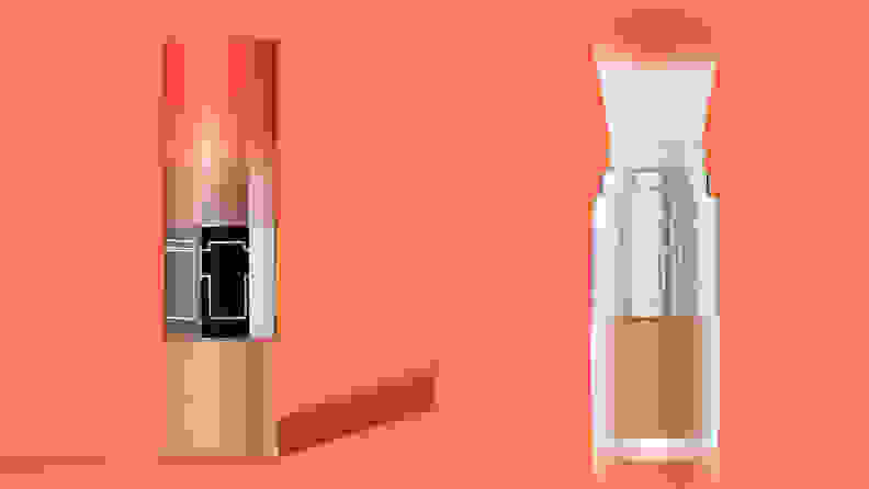 On the left: The Item Beauty Powder Hour in its cylindrical packaging standing on a red background. On the right: The Powder Hour's cap off to reveal a white and red brush.
