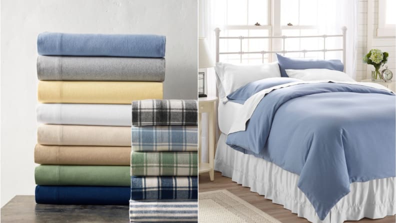 On left multi-colored stack of folded sheets. On right, bed made up white and blue bedding.