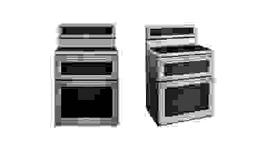 Side by side images of a KitchenAid double oven induction range on a white background.