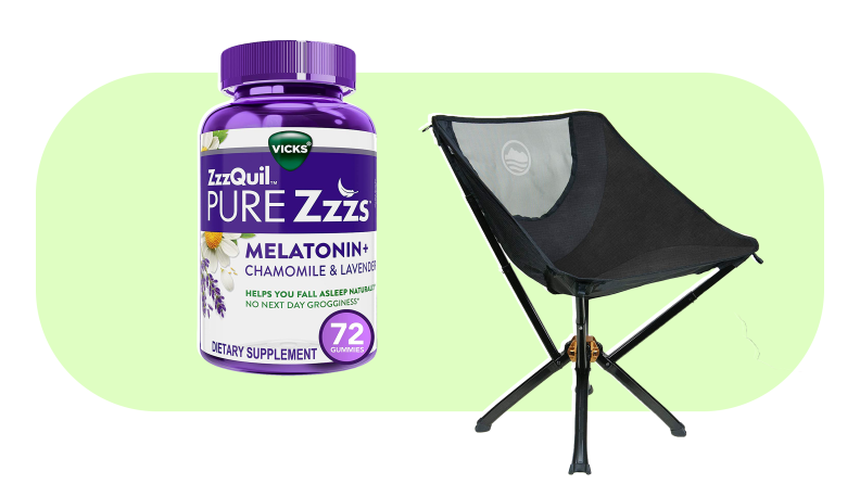Bottle of melatonin sleep aide next to chair.
