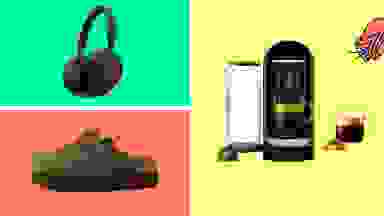 Photo collage of black Sony noise canceling headphones, brown Cushionaire platform clogs and a Nespresso coffee machine.
