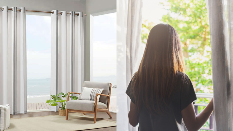 On left, spacious living room with high ceilings and long white and gray curtains in front of large window. On right, woman's back as she walks through curtains to get to her patio.