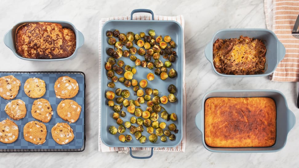 An overhead view of five baked goods arrayed on a counter in Our Place Bakeware.