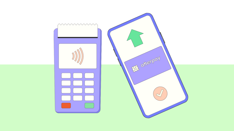 Cartoon graphic of mobile wallet feature on smartphone.
