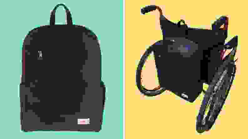 On left, backpack. On right, backpack attached to wheelchair.