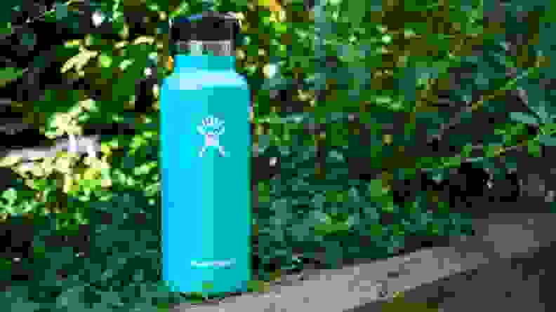 A blue Hydro Flask sits on a park wall.
