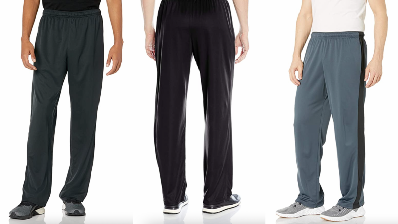 Man in black Hanes trackpant, man in blue Hanes trackpant.