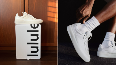 A white sneaker on top of a lululemon box, and a model wearing the same sneaker design.
