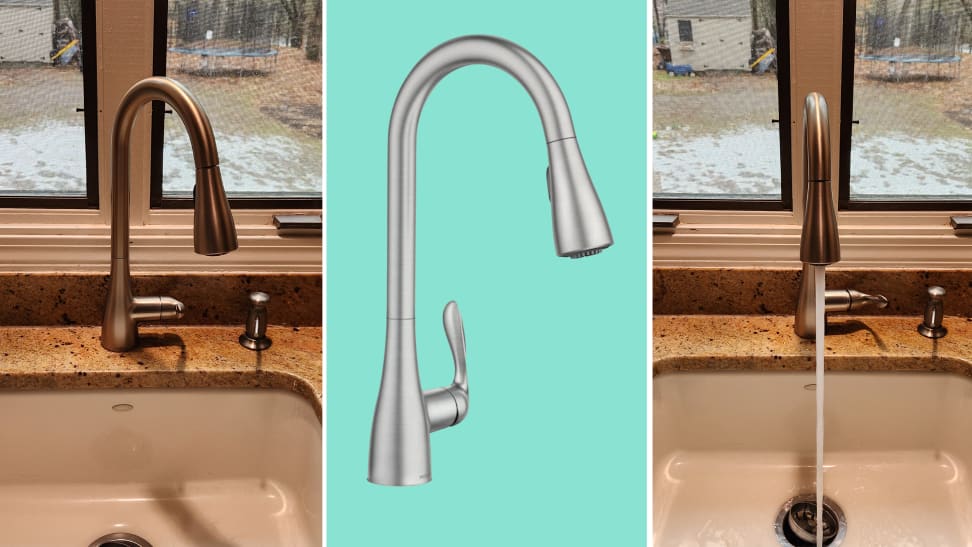 On left, side shot of the stainless Moen Georgene Kitchen Faucet. In middle, product shot of the steel Moen Georgene Kitchen Faucet. On left, stainless Moen Georgene Faucet in kitchen with running water flowing into sink.