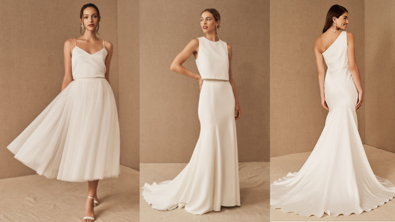 three women modeling BHLDN wedding gowns