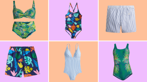 Swimsuit bottoms, tops, and one-pieces in matching prints on a colorful background