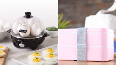 On the left, a black Dash egg cooker is on a kitchen counter. On the right, a pink bento box on a wood counter.