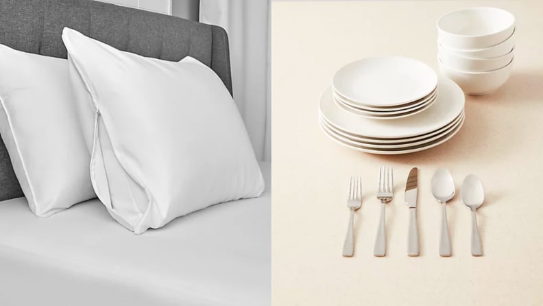 An image of a pillow protector on a pillow insert alongside an image of a dish set with cutlery laid out in front of it.