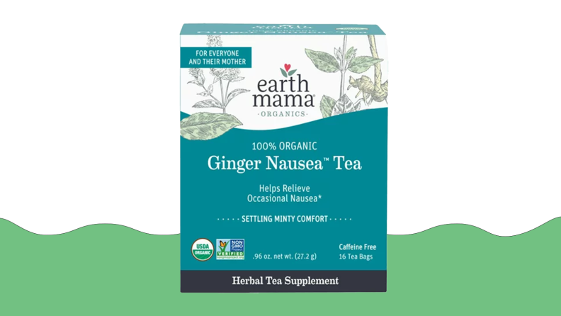Product image of Earth Mama Organic Ginger Nausea Tea on a green and white background.