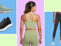 Two pairs of sneakers, a model wearing a green racer-back tank, and a model wearing gray tights.