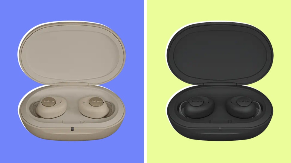 Cream and black pair of Jabra Enahnce Plus earbuds in their cases.