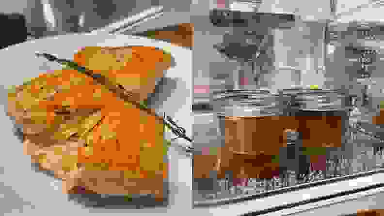 Photo collage of cooked salmon and two small glass jars on a refrigerator shelf.