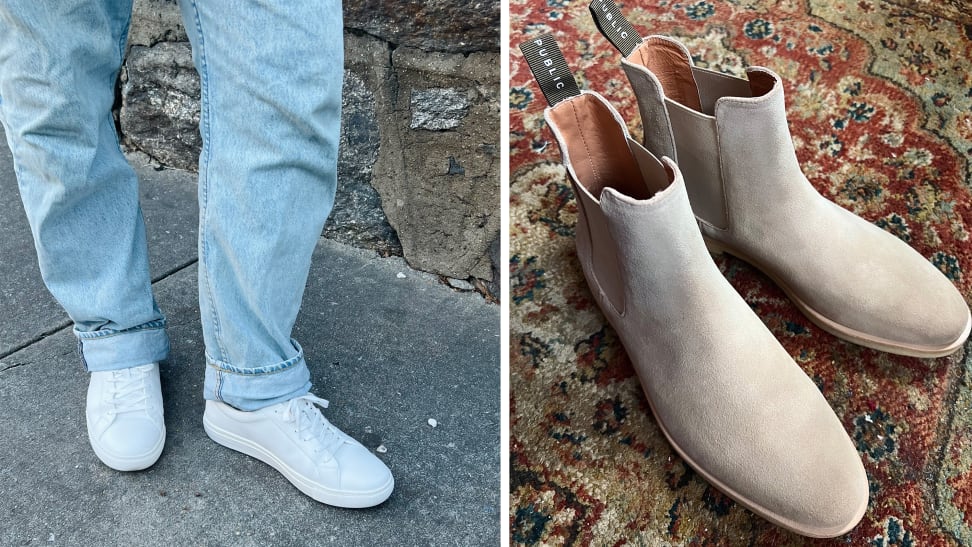 Collage image of a pair of beige Chelsea boots on an oriental rug, and someone wearing a pair of white sneakers with light jeans.