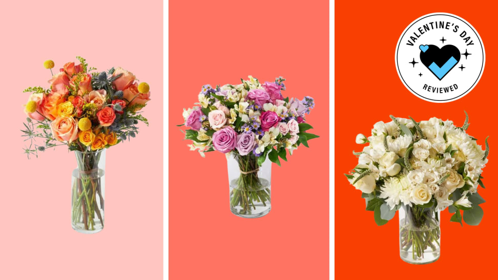 Various flower bouquets from UrbanStems with the Valentine's Day Reviewed badge in front of colored backgrounds.