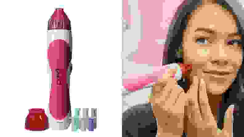 On left, product shot of the PMD Classic Personal Microderm Device with attachment pieces. On right, woman smiling while using the PMD Classic Personal Microderm Device on her face.