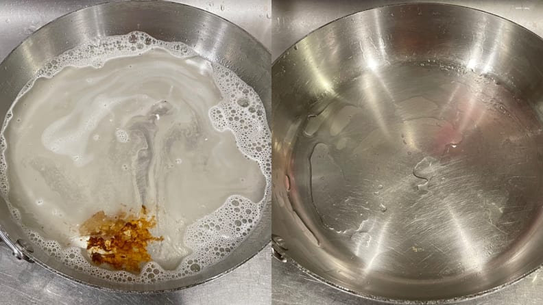 On the left: a stainless-steel pan with soap and water in it. On the right: A stainless-steel pan that is clean and has water in it.