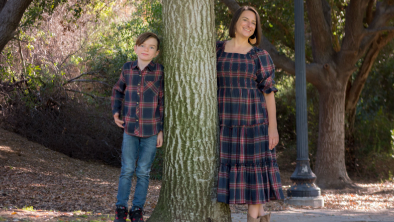 The author and her son are photographed wearing matching plaid outfits.