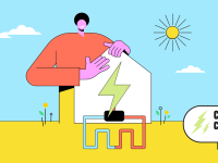 Colorful cartoon graphic of large person leaning on home outdoors.