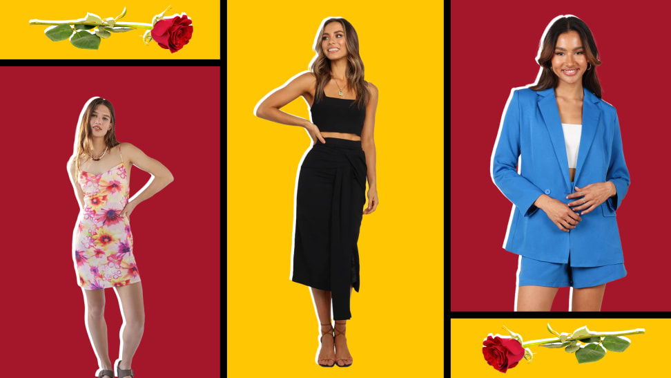 Roses with stems surround models wearing floral midi dress, black two-piece skirt set, and blue blazer and short set.